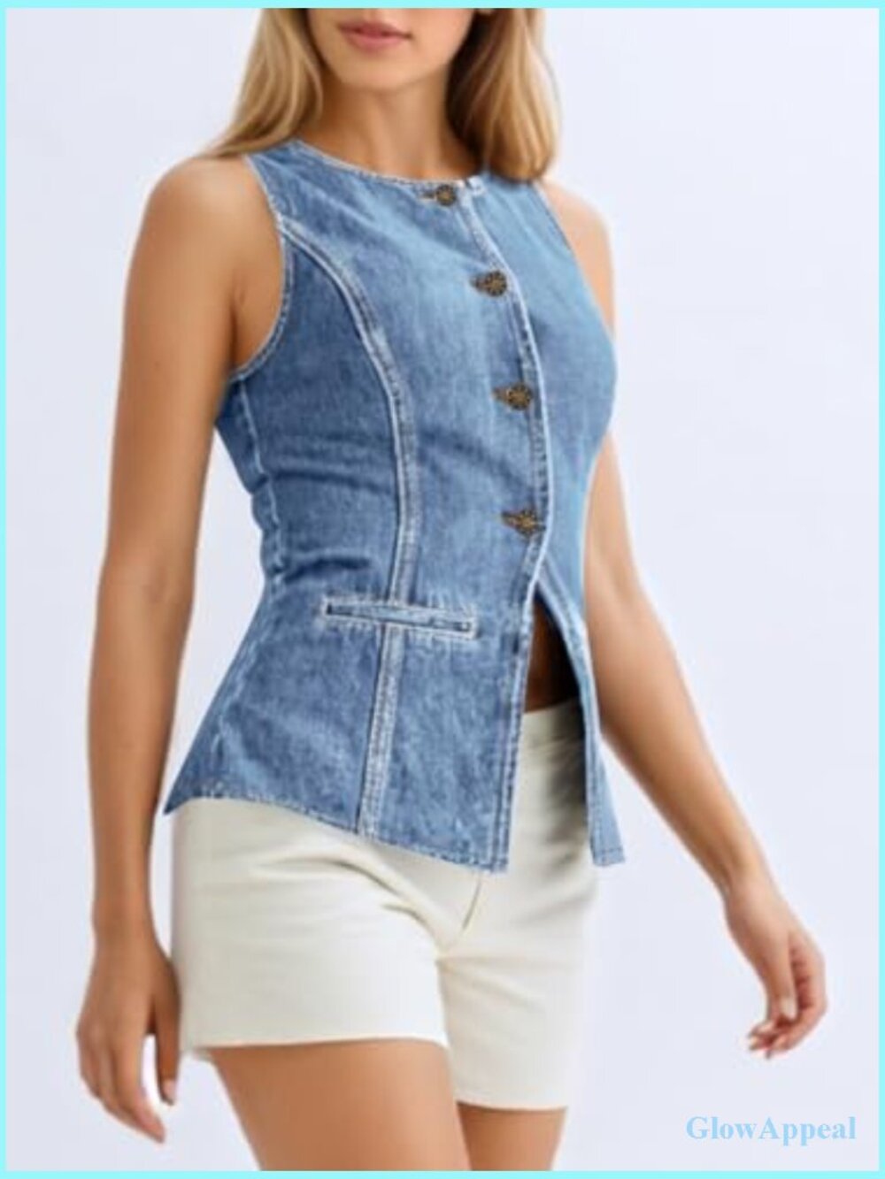 Fitted Sleeveless Denim Vest Button Down Crew Neck Waistcoat Ladies Jean Tank - Picture 3 of 7